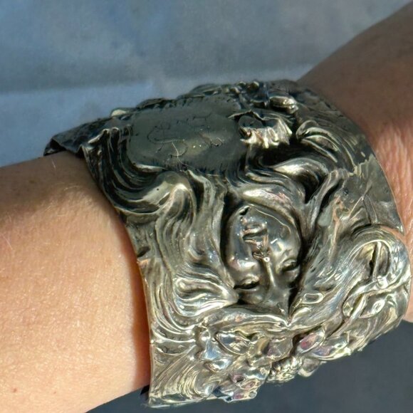 American Beauty Floral Sterling Silver Alphonse Mucha Cuff Bracelet Art Nouveau - Picture 5 of 10